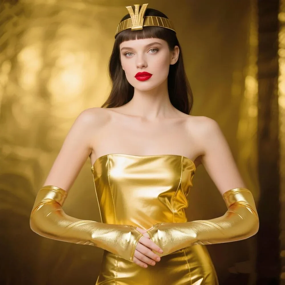 Women's Long Metallic Shiny Fingerless Gloves Gold Party Halloween Costume